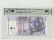 Slovakis, Rudolf Schuster (1999 - 2004). 1000 Korun 2000 - Printer: TDLR, Pick#39 National Bank "Commemorative", S/N A00005688 - Wmk: A. Hlinka, 66 Ge...