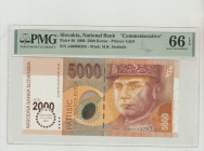 Slovakis, Rudolf Schuster (1999 - 2004). 5000 Korun 2000 - Printer: G&D, Pick#40 National Bank "Commemorative", S/N A00000283 - Wmk: M.R. Stefanik, 66...