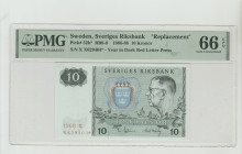 Sweden, Gustaf VI Adolf (1950 - 1973). 10 Kronor 1966-68, Sveriges Riksbank, Pick#52b*, RB8-9, S/N X X629404** - Year in Dark Red Letter Press, 66 Gem...