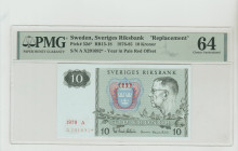 Sweden, Carl XVI Gustaf (1973 - present). 10 Kronor 1976-85, Sveriges Riksbank, Pick#52d*, RB13-18, S/N A X291692* - Year in Pale Red Offset, 64 Choic...