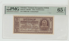 Ukraine, Leonid Korniyets (1939 - 1954). 5 Karbowanez 1942, German Occupation WWII, Pick#51, SB1263, S/N 770921749 - Central Bank, 65 Gem Uncirculated...
