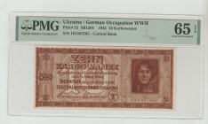 Ukraine, Leonid Korniyets (1939 - 1954). 10 Karbowanez 1942, German Occupation WWII, Pick#52, SB1264, S/N 101407592 - Central Bank, 65 Gem Uncirculate...