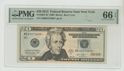 USA, Barak Obama (2009 - 2017). 20 Dollars 2013, Federal Reserve Note New York, Fr#2097-B* (MB*Block), Rios | Lew, S/N MB03273698*pp H, 66 Gem Uncircu...