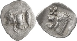 Greek Coins
Obol circa 500-494, AR 0.38 g. Forepart of lion r., with open jaws and tongue protruding. Rev. Floral pattern in incuse square. SNG Kayha...