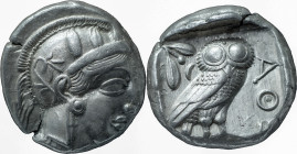 Greek Coins
Attica, Athens. Tetradrachm after 449, AR 17.11 g. Head of Athena r., wearing Attic helmet decorated with olive leaves and palmette. Rev. ...