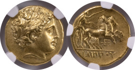 Greek Coins
Kings of Macedonia, Philip II, 359 – 336 and posthumous issues. AV Stater, Pella circa 340/336-328. Laureate head of Apollo r. Rev. ΦΙΛΙΠΠ...