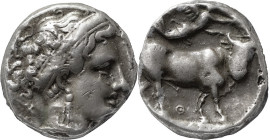 Greek Coins
Neapolis. Didrachm circa 350-325, AR 4.84 g. Head of nymph r., hair bound with ribbon, wearing necklace; behind, E. Rev. [NEAPOLITHS] Man-...