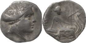 Greek Coins
Histiaia. Tetrobol circa III-II century BC, AR 1.67 g. Wreathed head of nymph Histiaia r. Rev. IΣT – AIEΩN Nymph seated r. on galley; belo...