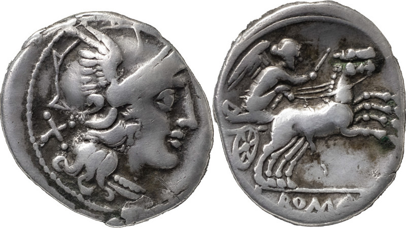 The Roman Republic
Anonymous 157-156 BC. AR Denarius 3.69 g. Helmeted head of Ro...