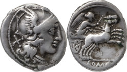The Roman Republic
Anonymous 157-156 BC. AR Denarius 3.69 g. Helmeted head of Roma r. behind X. Rev. Victory in prancing biga r. in exergue, ROMA. Cra...