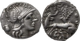 The Roman Republic
Sex. Pompeius Fostlus.137 BC. AR Denarius 3.78 g. Rome. Helmeted head of Roma to right; jug behind; X below, Rev SEX•PO FOSTLVS, sh...