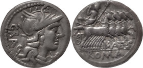 The Roman Republic
L. Antestius Gragulus. Denarius 136, AR 3.72 g. Helmeted head of Roma r.; below chin, * and behind, GRAG. Rev. Jupiter in fast quad...