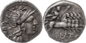 The Roman Republic
L. Antestius Gragulus. Denarius 136, AR 3.87 g. Helmeted head of Roma r.; below chin, * and behind, GRAG. Rev. Jupiter in fast quad...