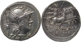 The Roman Republic
L. Postumius Albinus. Denarius 131, AR 3.78 g. Helmeted head of Roma r.; below chin, * and behind, apex. Rev. Mars in quadriga r., ...