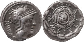 The Roman Republic
M. Metellus Q. f. Denarius 127, AR 3.78 g. Helmeted head of Roma r.; behind, ROMA downwards, below chin *. Rev. M METELLVS Q F arou...