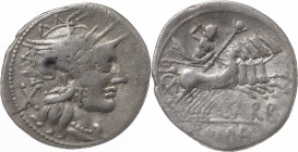 The Roman Republic
Cn. Papirius Carbo. Denarius 121, AR 3.77 g. Helmeted head of Roma r.; behind, X. Rev. Jupiter in prancing quadriga r.,
holding sce...