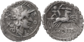 The Roman Republic
L. Pomponius, Cn. F., L. Licinius and Cn. Domitius. Denarius, Narbo 118, AR 3,36 g. L.POM–P–ON – C ·F Helmeted head of Roma r.; beh...