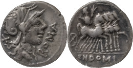 The Roman Republic
Cn. Domitius Ahenobarbus . Denarius 116 or 115, AR 3.78 g. Helmeted head of Roma r.; behind, X and before, ROMA. Rev. Jupiter in qu...