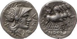 The Roman Republic
Cn. Domitius Ahenobarbus . Denarius 116 or 115, AR 3.92 g. Helmeted head of Roma r.; behind, X and before, ROMA. Rev. Jupiter in qu...