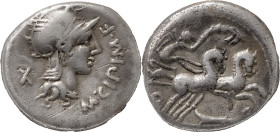 The Roman Republic
M. Cipius M.f. Denarius 115 or 114, AR 3.74 g. Helmeted head of Roma r.; before, M·CIPI·M·F and behind, X. Rev. Victory in biga r.;...