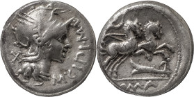 The Roman Republic
M. Cipius M.f. Denarius 115 or 114, AR 3.90 g. Helmeted head of Roma r.; before, M·CIPI·M·F and behind, X. Rev. Victory in biga r.;...