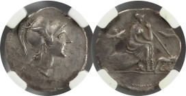 The Roman Republic
Anonymous issue.
Denarius circa 115-114, AR. Head of Roma r., wearing winged Corinthian helmet.; behind, X and below, ROMA. Rev. Ro...