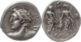 The Roman Republic
L. Caesius AR Denarius, 3,83g. Rome, 112-111 BC. Bust of Veiovis to left, seen from behind, hurling thunderbolt; Roma monogram behi...