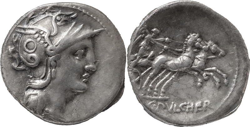 The Roman Republic
C. Claudius Pulcher. Denarius 110 or 109, AR 3.84 g. Helmeted...