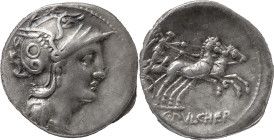 The Roman Republic
C. Claudius Pulcher. Denarius 110 or 109, AR 3.84 g. Helmeted head of Roma r., bowl decorated with annulet. Rev. Victory in biga r....