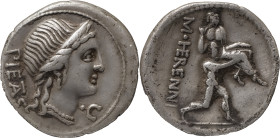 The Roman Republic
M. Herennius. Denarius 108 or 107, AR 3.90 g. PIETAS Diademed head of Pietas r.; before, *. Rev. M·HERENNI One of the Catanean brot...