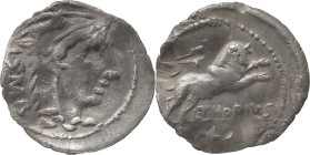 The Roman Republic
L. Thorius Balbus. Denarius 105, AR 3.70 g. Head of Juno Sospita r., wearing goat skin; behind, I.S·M·R. Rev. Bull butting r.; abov...