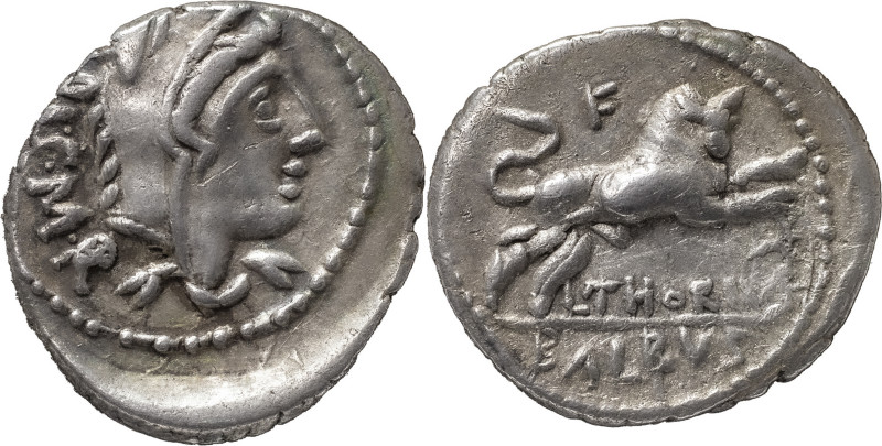 The Roman Republic
L. Thorius Balbus. Denarius 105, AR 3.95 g. Head of Juno Sosp...