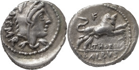 The Roman Republic
L. Thorius Balbus. Denarius 105, AR 3.95 g. Head of Juno Sospita r., wearing goat skin; behind, I.S·M·R. Rev. Bull butting r.; abov...