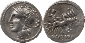 The Roman Republic
L. Appuleius Saturninus. Denarius 104, AR 3.95 g. Helmeted head of Roma l. Rev. Saturn in quadriga r., holding reins and harpa; bel...