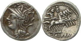 The Roman Republic
L. Appuleius Saturninus. Denarius 104, AR 3.86 g. Helmeted head of Roma l. Rev. Saturn in quadriga r., holding reins and harpa, con...