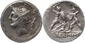 The Roman Republic
Q. Minucius Thermus M. f. AR Denarius, 3.92 g. Rome, 103 BC. Helmeted head of Mars to left. Rev Two warriors in combat, one on left...