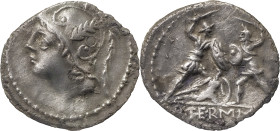 The Roman Republic
Q. Minucius Thermus M. f. AR Denarius, 3.26 g. Rome, 103 BC. Helmeted head of Mars to left. Rev Two warriors in combat, one on left...