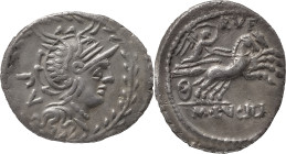 The Roman Republic
M. Lucilius Rufus AR Denarius, 3,72g. Rome, 101 BC. Helmeted head of Roma to right; PV behind; all within laurel wreath. Rev Victor...