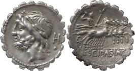 The Roman Republic
L. Scipio Asiagenus, 106 BC. AR Denarius 3.93 g, Rome. Laureate head of Jupiter to left; behind, H above pellet. Rev. L•SCIP•ASIAG ...