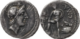 The Roman Republic
Poblicius. Caius Poblicius Malleolus. AR Denarius 3.80 g. 91 BC. Auxiliary mint of Rome. Head of Mars right, feather on helmet, mal...
