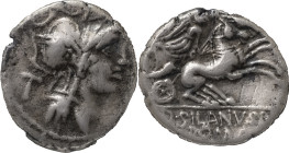 The Roman Republic
D. Iunius Silanus L.f. Denarius 91, AR 2.82 g. Helmeted head of Roma r.; behind T. Rev. Victory in biga r., holding palm-branch and...