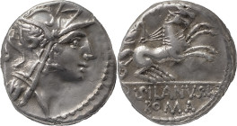 The Roman Republic
D. Iunius Silanus L.f. Denarius 91, AR 3.77 g. Helmeted head of Roma r.; behind ?. Rev. Victory in biga r., holding palm-branch and...