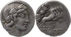 The Roman Republic
C. Vibius C. f. Pansa AR Denarius, 3,92g. Rome, 90 BC. Laureate head of Apollo to right, uncertain control mark below chin, [PANSA ...