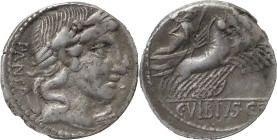 The Roman Republic
C. Vibius C. f. Pansa AR Denarius, 4.03 g. Rome, 90 BC. Laureate head of Apollo to right, uncertain control mark below chin, PANSA ...