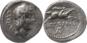 The Roman Republic
L. Piso Frugi. Denarius 90, AR 3.58 g. Laureate head of Apollo r. behind CXVI. Rev. Horseman galloping r., holding palm-branch; bel...