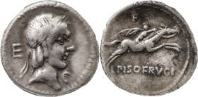 The Roman Republic
C. Piso L.f. Frugi, 61 BC. AR Denarius 3.56 g. Rome. Head of Apollo to right, his hair bound with a taenia; behind wreath? Rev. C P...