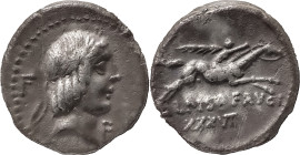 The Roman Republic
L. Piso Frugi. Denarius 90, AR 3.66 g. Laureate head of Apollo r.; behind and before, F. Rev. Horseman galloping r., holding torch ...