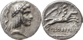 The Roman Republic
C. Piso L.f. Frugi, 61 BC. AR Denarius 3.81 g. Rome. Head of Apollo to right, his hair bound with a taenia; behind wreath? Rev. C P...