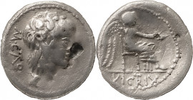 The Roman Republic
M. Cato. Quinarius 89, AR 1.36 g. M·CATO Ivy-wreathed head of Liber r.; below, club. Rev. Victory seated r., holding patera in r. h...