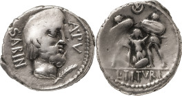The Roman Republic
L. Tituri L.f. Sabinus. Denarius 89, AR 3.62 g. SABIN Head of King Tatius r.; below chin, palm branch and before, A·PV. Rev. Rape o...